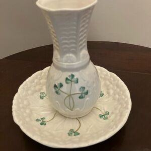 Belleek Vintage Ivory Vase with Green Shamrock Accents